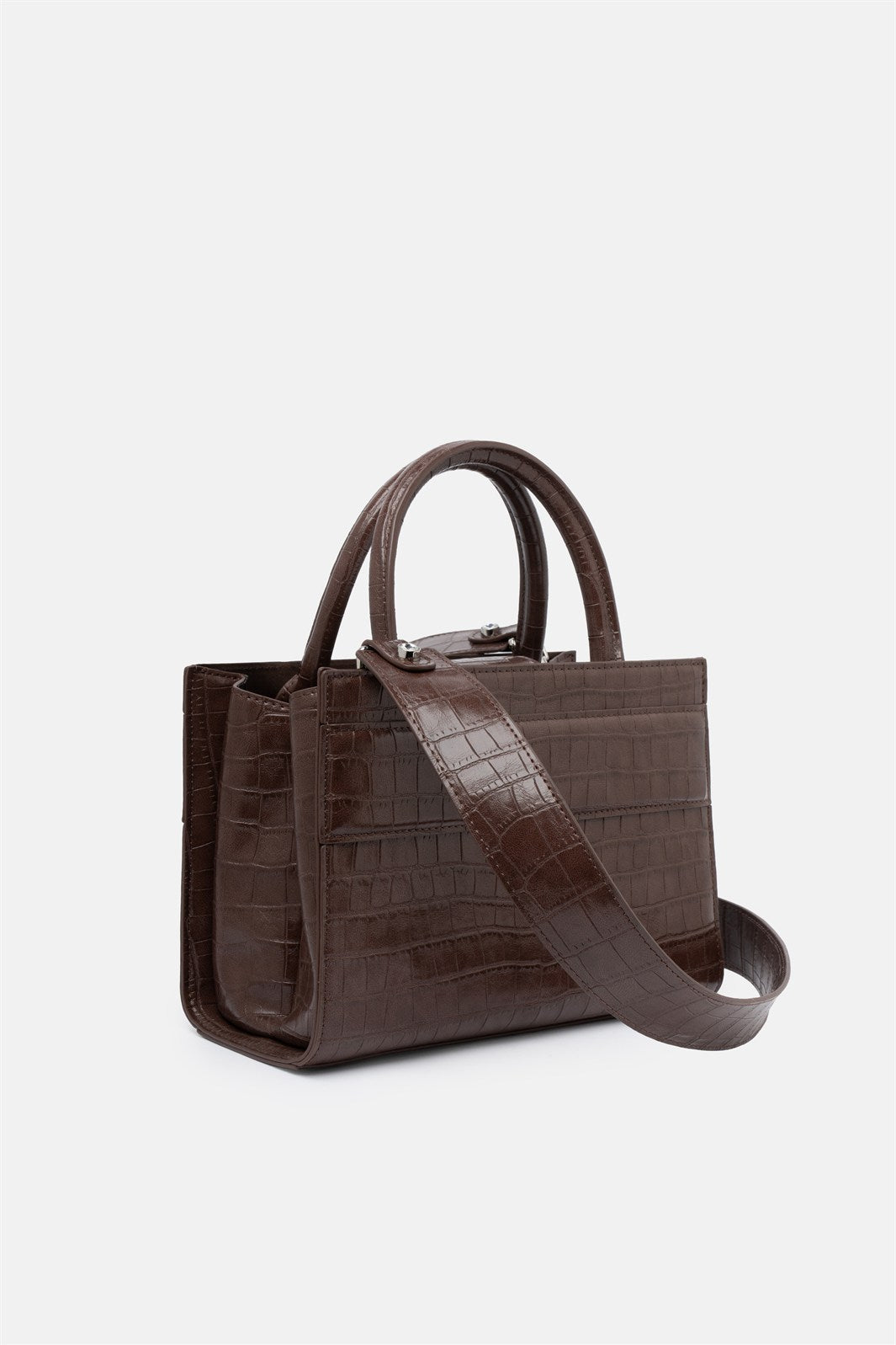 Serane – mini tote bag marrone croco | TWENTYFOURHAITCH – vista laterale