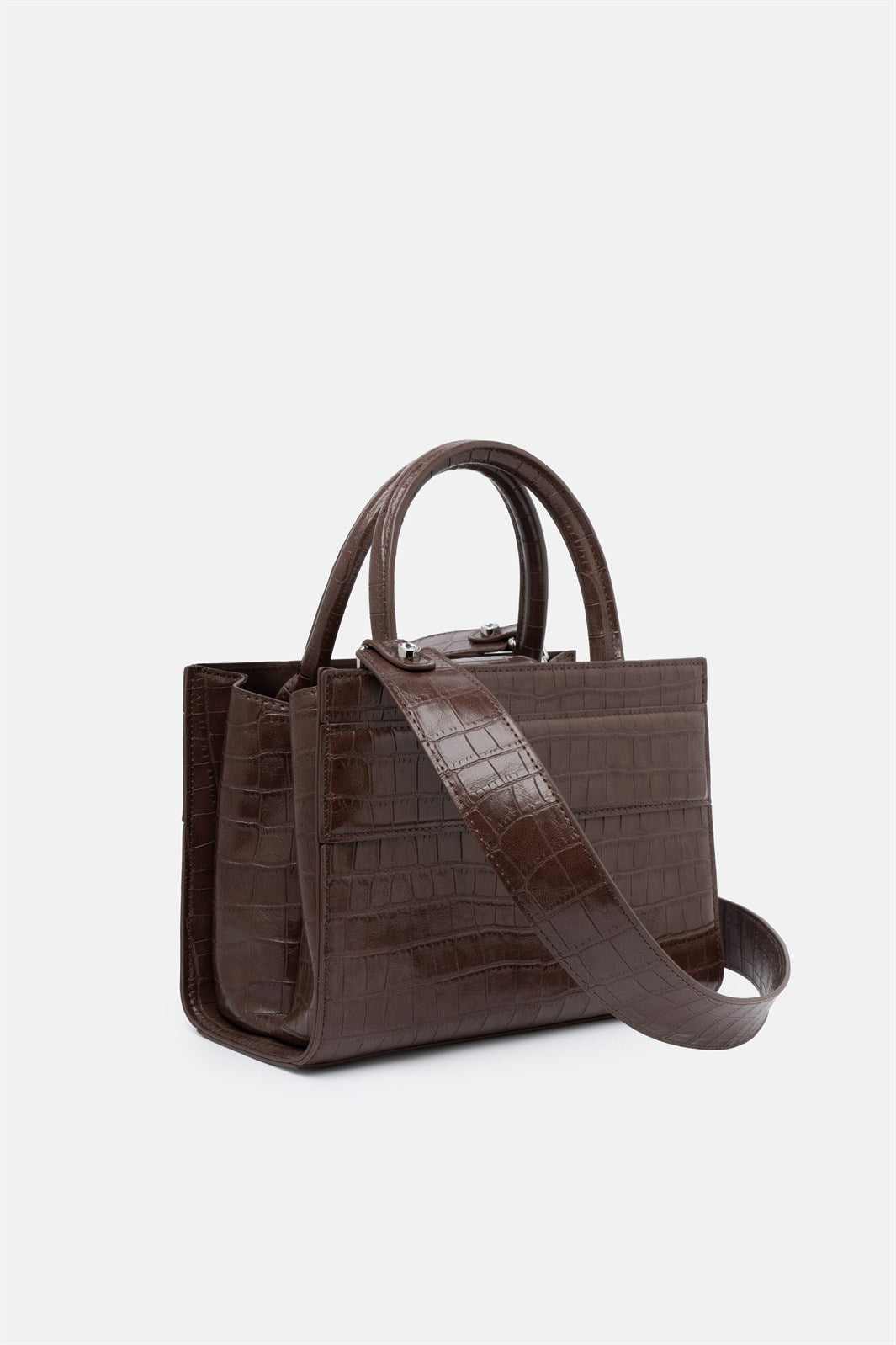 Serane – mini tote bag marrone croco | TWENTYFOURHAITCH – vista laterale