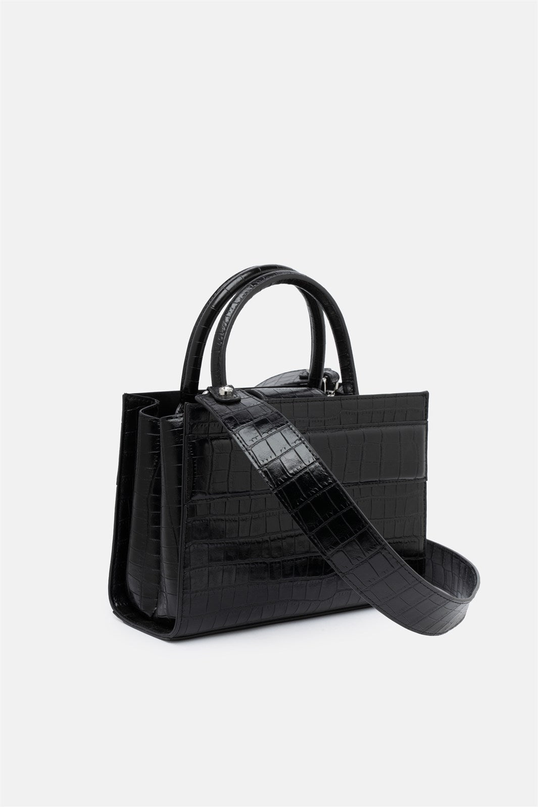 Serane – mini tote bag nera croco | TWENTYFOURHAITCH – vista laterale