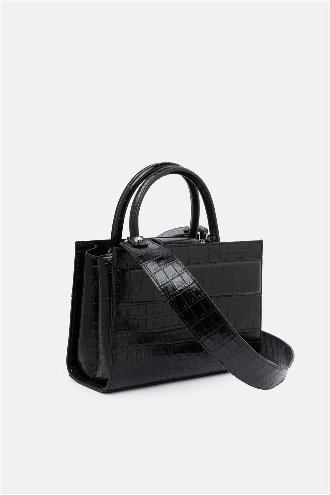 Serane – mini tote bag nera croco | TWENTYFOURHAITCH – vista laterale